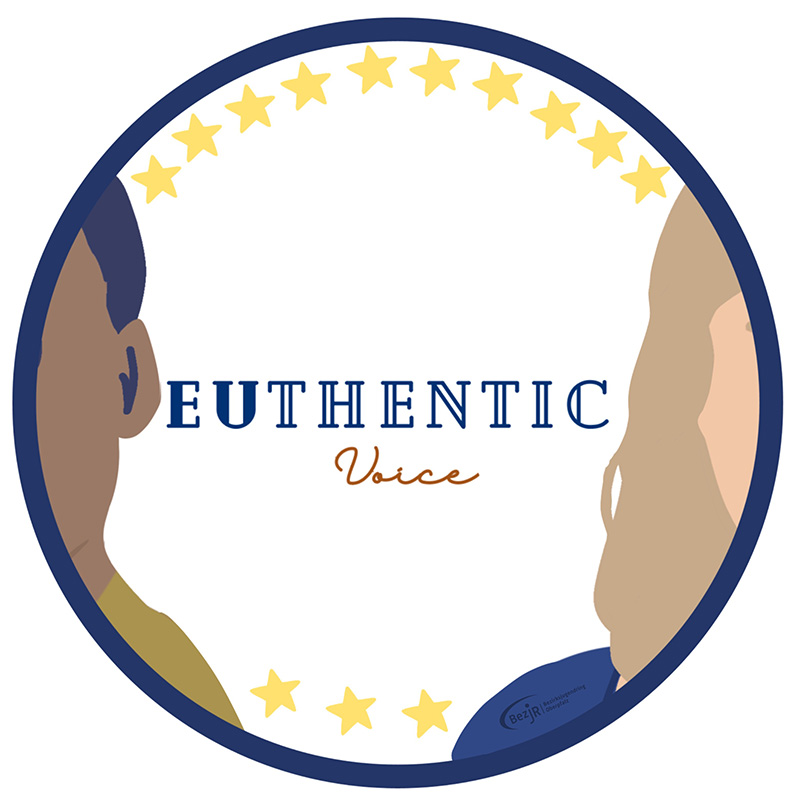 Motiv des Euthentik Voice Aufklebers - ein blauer Kreis mit angedeuteten Gesichertern sowie den EU-Sternen oben und unten angeordnet